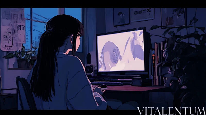 Person at desk viewing illuminated monitor in dim room.