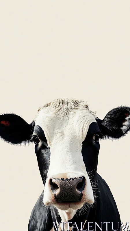 Frontal Holstein cow portrait with high-key isolation lighting.