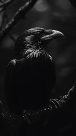 Dark forest raven portrait in sharp monochrome light.