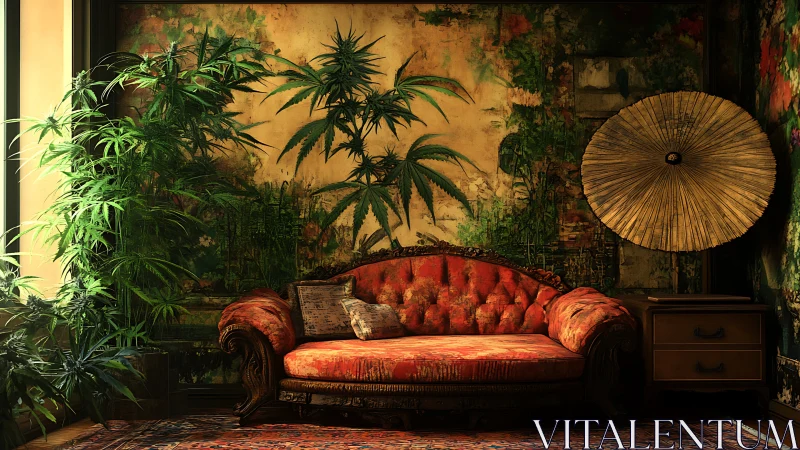 Velvet settee framed by lush cannabis mural and plants.