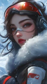 Snowlit voyager steadies her gaze across the frozen gale