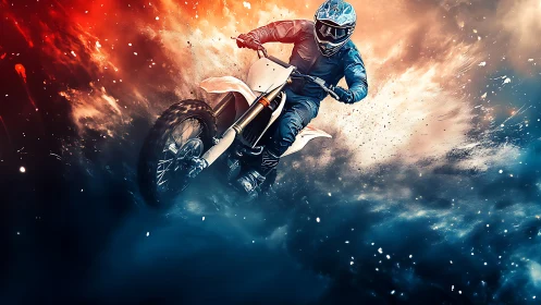 Rider carves through fire and storm on a blazing dirt bike.