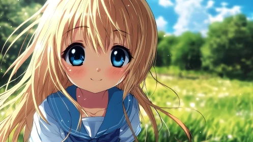 Anime close-up portrait in luminous pastoral background.