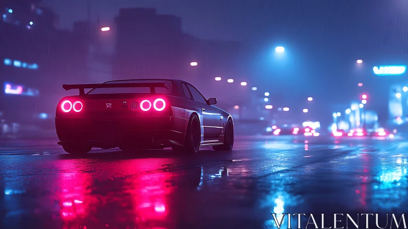 Rear view of sports coupe under neon lighting on wet street
