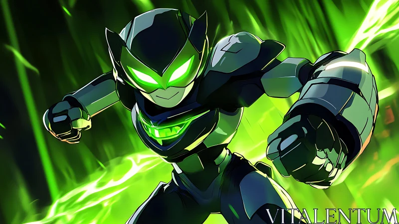 Armored cyber hero lunges forward through neon green energy
