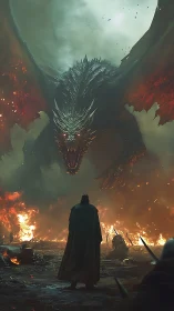 Knight faces colossal fire dragon over burning battlefield.