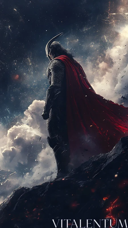 Armored warrior surveys storm-torn sky from volcanic ridge