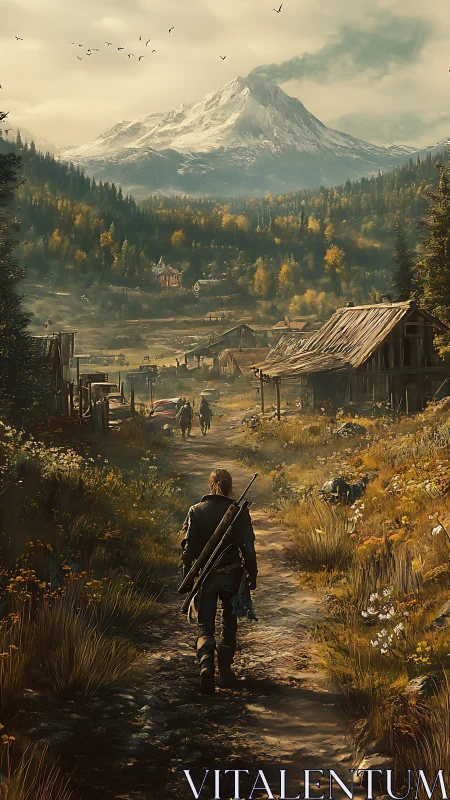 Figure on rural path approaching mountain settlement landscape.