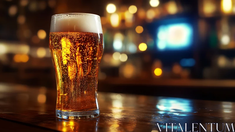 Pint glass of golden lager on wooden bar with bokeh lights