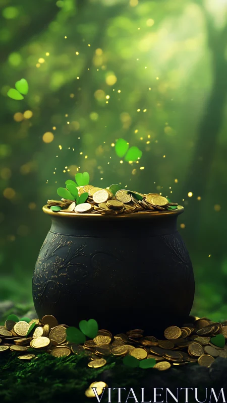 Golden pot of forest coins glows softly in gentle sunlight