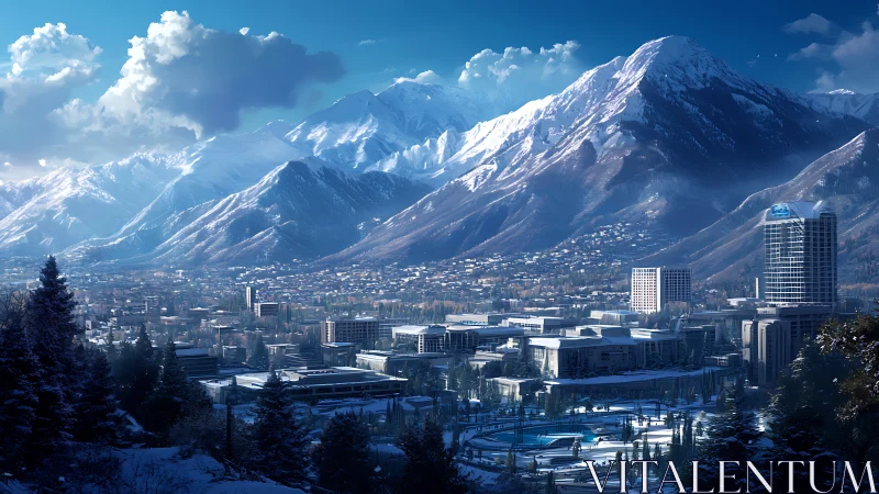 Snowbound alpine cityscape rendered in crisp photoreal detail