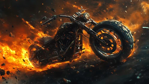 Flaming cyber chopper slices through molten debris storm.