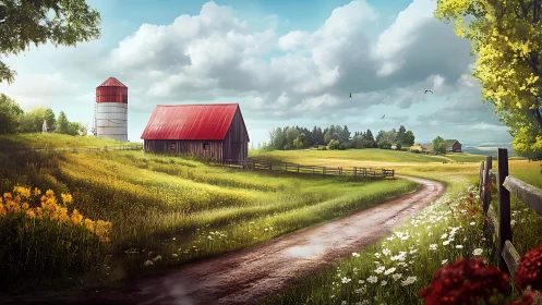 Rural farmland landscape with barn, silo and dirt roadway.