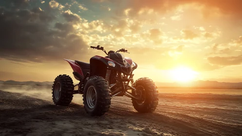 Quad bike on desert track under low-angle sunset illumination.
