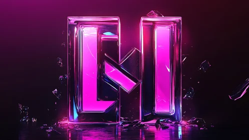 Neon glass monogram in shattered chrome glitch environment