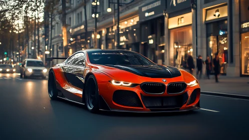 BMW concept coupe races through illuminated city boulevard.