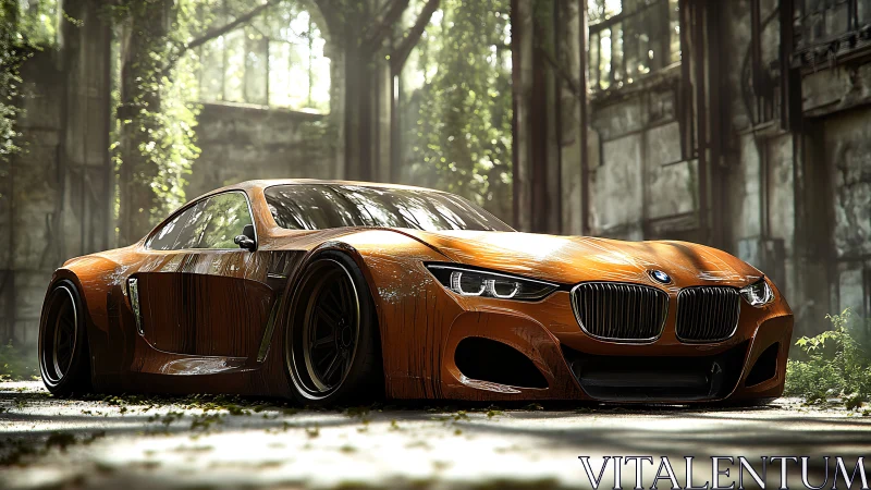 Low-slung orange BMW concept car rests in overgrown ruin