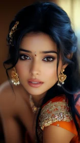 Portrait of woman in ornate orange sari with gold jewelry.