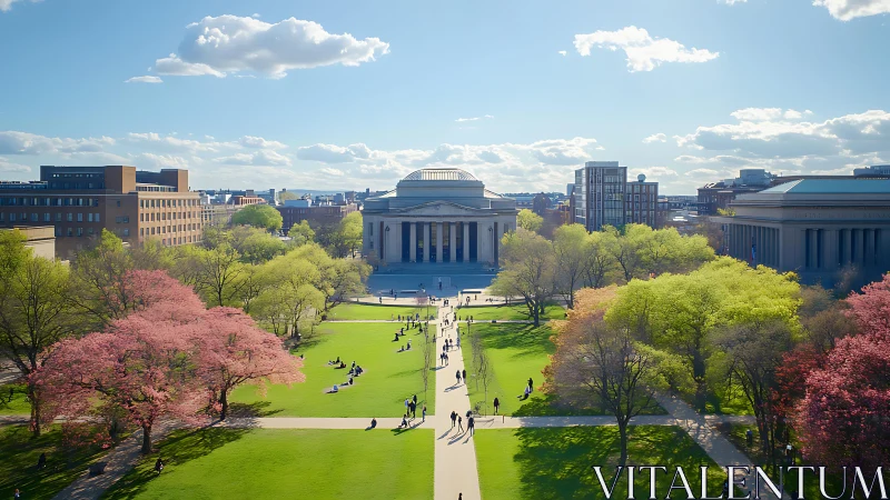 Symmetrical quad with neoclassical dome framed by spring foliage