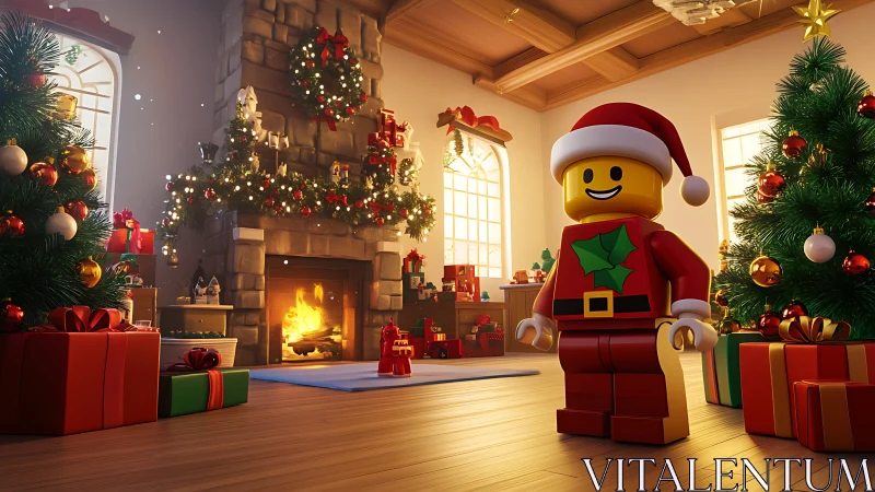 Lego Santa minifigure celebrates Christmas by a glowing hearth