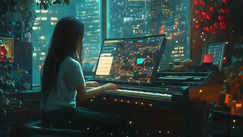 Night city composer programs luminous digital symphony.