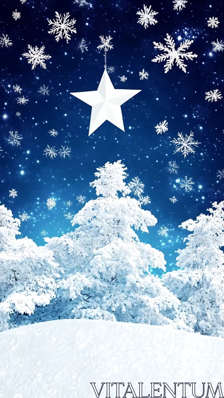 Snow-covered conifer trees under stylized star and flakes.