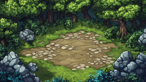 Forest clearing with stone-paved ground surrounded by deciduous trees