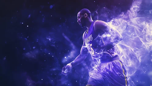 Basketball player in purple uniform amid abstract light field.