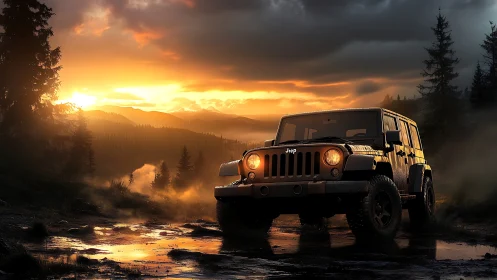 Trail-tough Jeep pauses in molten mountain sunset glow.