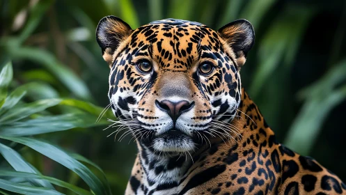 Calm jaguar gazing softly from lush green jungle shadows.