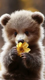 Gentle baby bear pauses to admire a soft yellow flower