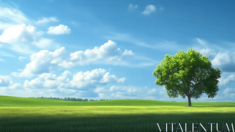 Isolated deciduous tree on open grass field under clouds.