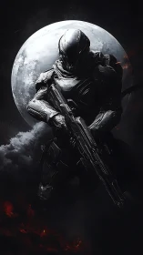 Armored sci fi soldier with rifle before large lunar backdrop.