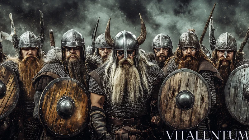 Viking warband advances under stormy sky, shields raised tight.