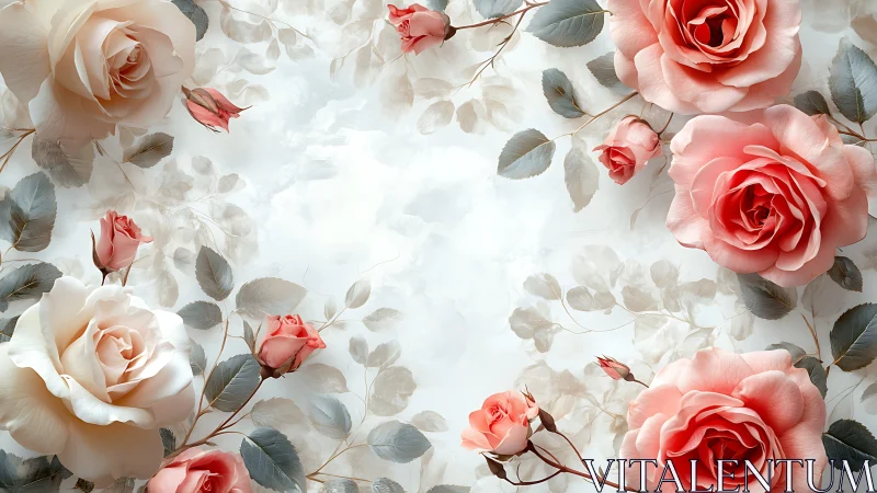 3D Rendered Floral Composition with Layered Roses and Eucalyptus Foliage