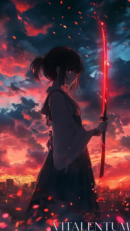 Silhouetted swordswoman with glowing blade over city skyline.