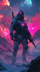 Neon-armored astronaut on alien ridge under glowing planet.
