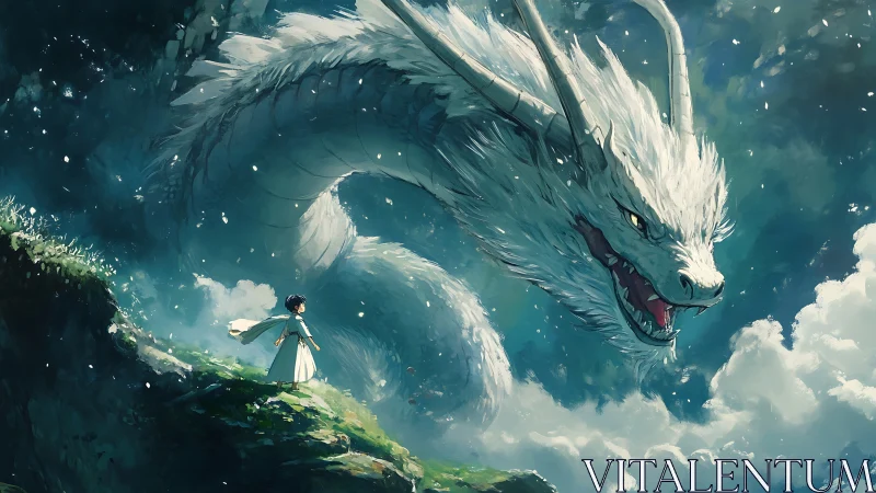 Aerodynamic spirit dragon encircling lone figure on cliff edge.