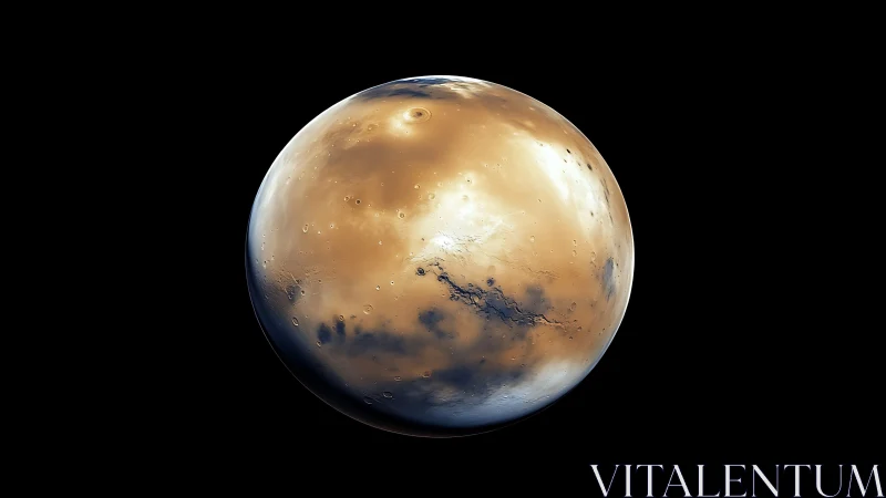 Cratered golden Mars sphere against deep black void.