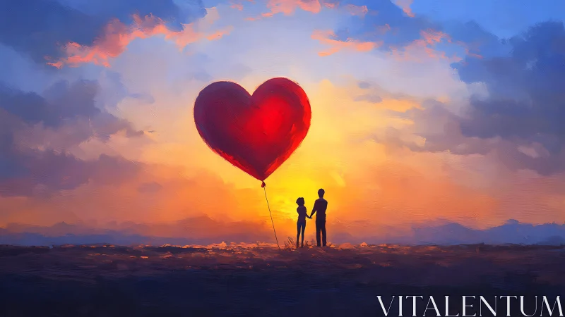 Silhouetted Couple Holds Giant Heart-Shaped Balloon at Sunset.