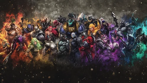 Chromatic warriors storm the void in swirling cosmic ranks