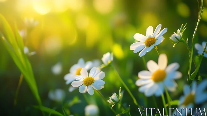 White Daisies with Golden Centers in Soft-Focus Natural Sunlight