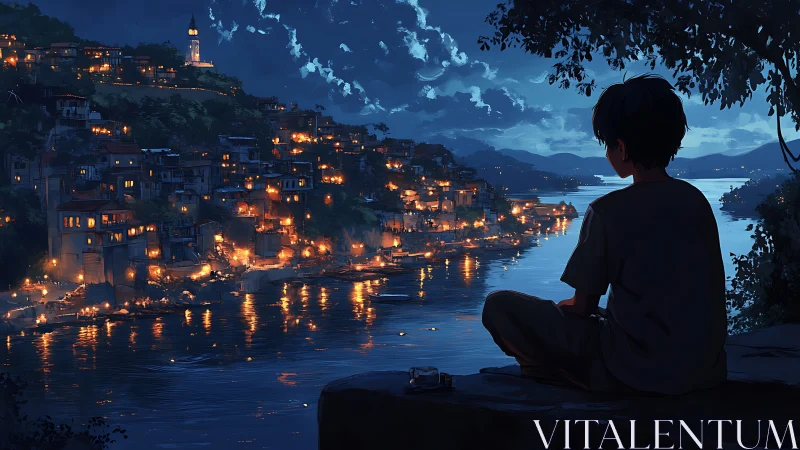 Boy quietly watches riverside town glitter in blue dusk