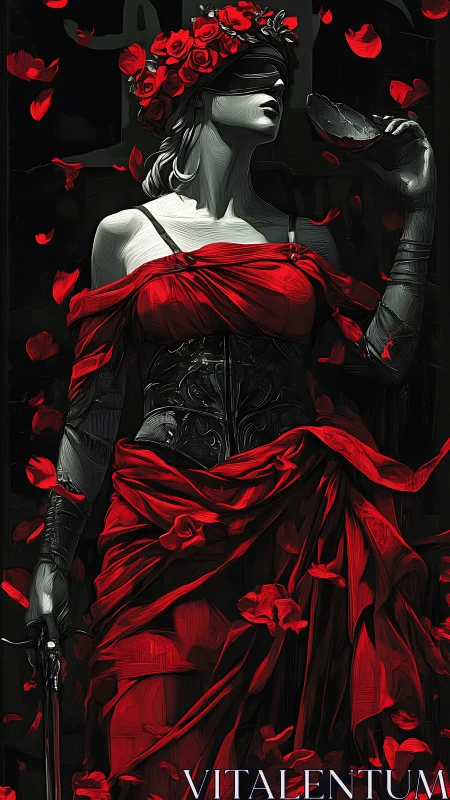 Blindfolded rose queen with crimson justice and secrets.