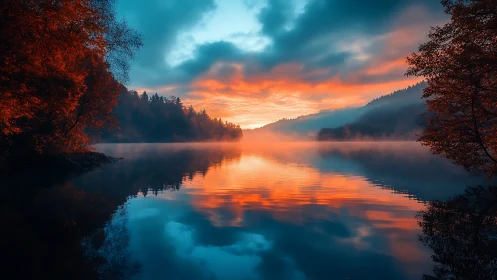 Spectral sunrise reflection across misted forest lake basin.