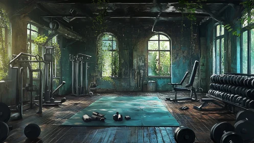 Sunlit abandoned gym merges rusted weights and wild vines.