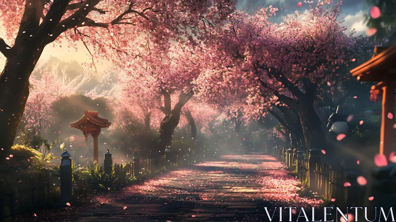Petal-lit shrine walkway basking in dreamy spring hush.