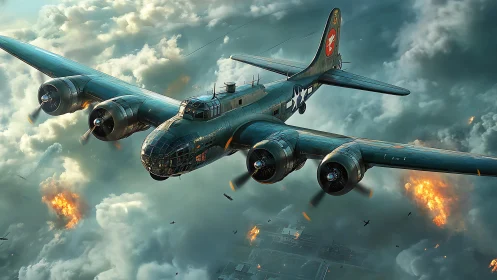 Wartime bomber aircraft cuts through heavy clouds under fire