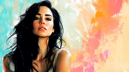 Digital painting portrait against expressive pastel abstract field.