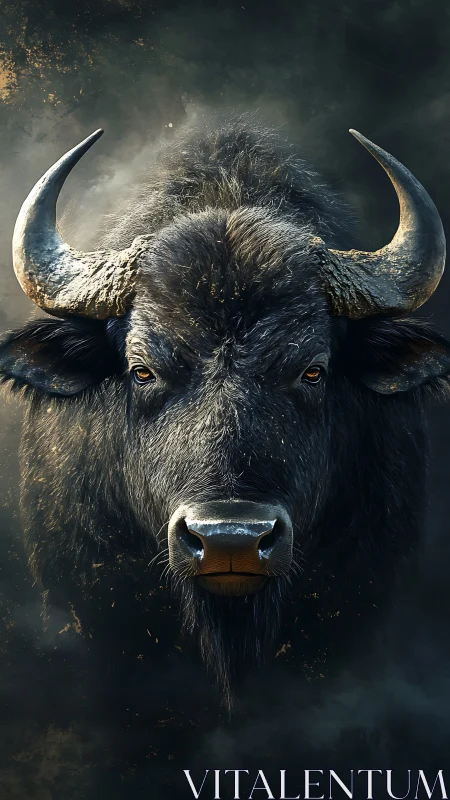 Frontal close-up of horned buffalo head in dark setting.